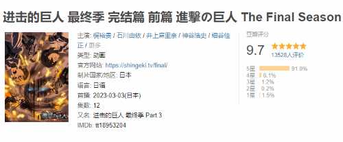《进击的巨人》完结篇后篇确认今秋播出 前篇豆瓣评分升至9.7