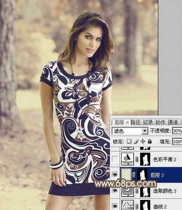 Photoshop将树林人物图片调制出纯美的淡黄色效果