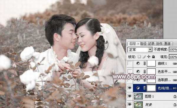 Photoshop为玫瑰园婚照调制出蓝紫中性色