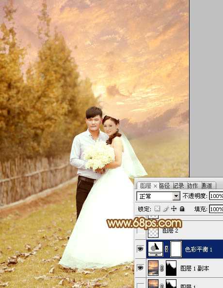 Photoshop为泛白的顺林婚片增加柔美的霞光效果教程